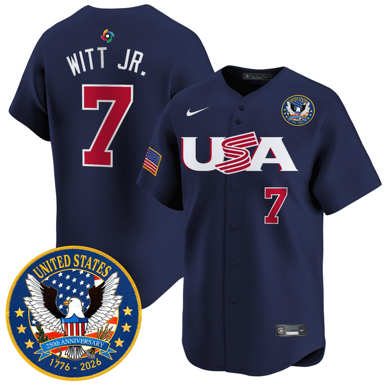 Men Team USA World Baseball Classic 250th Anniversary #7 Witt Jr Navy blue 2026 Roster Patch Vapor Jersey->los angeles dodgers->MLB Jersey